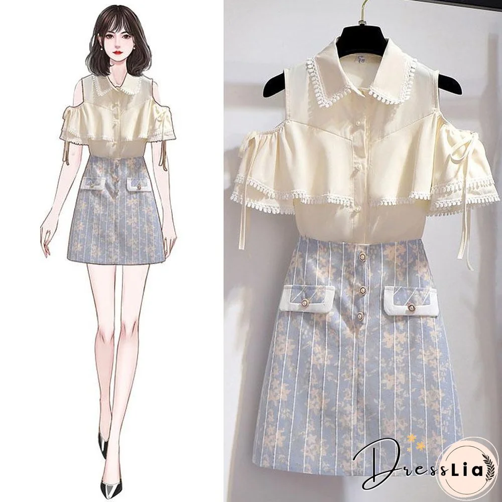 Off Shoulder Blouse+Print Skirt P13572