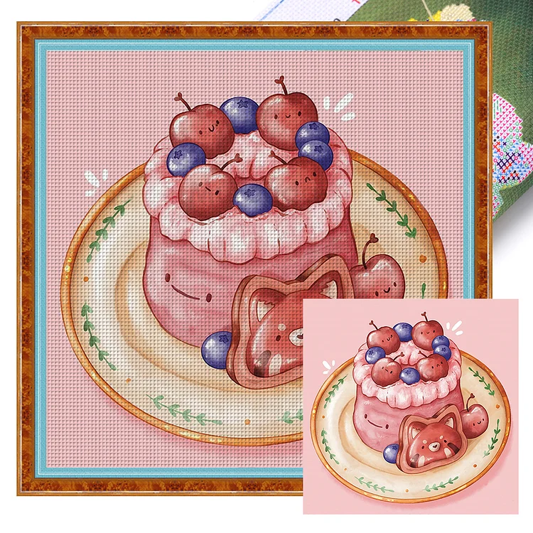 Cherry Bear Cake 9CT Stamped Cross Stitch 50*50CM