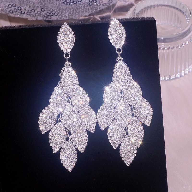 Elegant Rhinestone Leaf Big Long Drop Earrings | Oxredo Shop Ramadan Sale