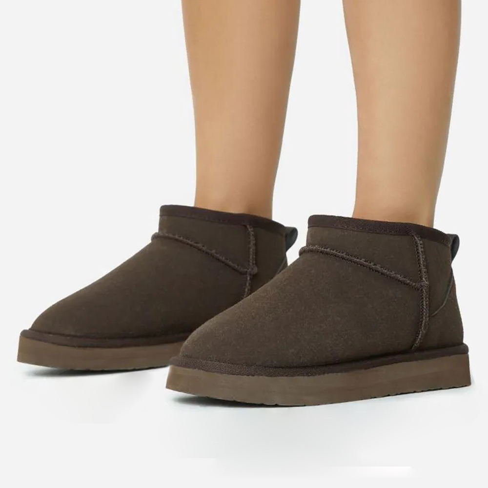 Dark Brown Round Toe Furry Lining Flat Women's Snow Boots Nicepairs