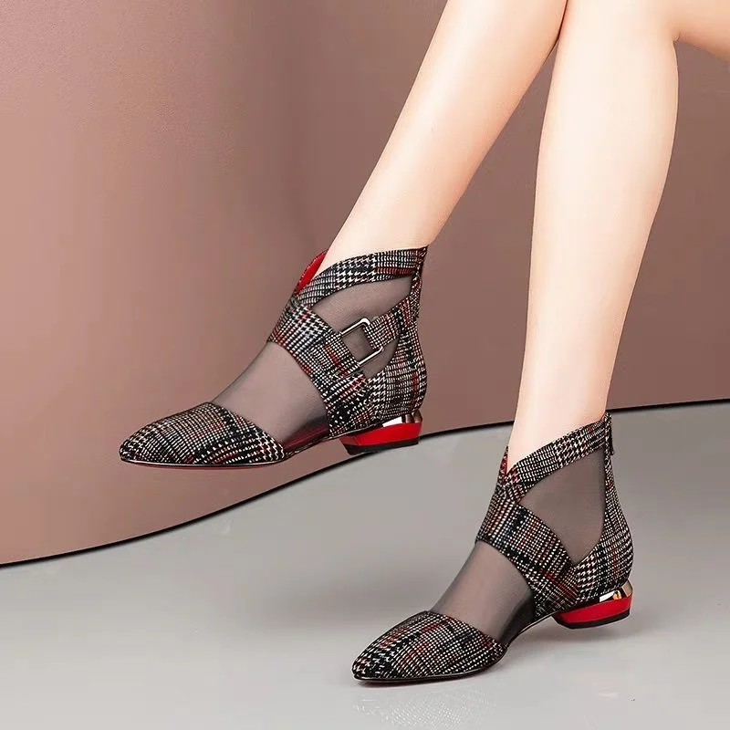 Spring New Single Shoes Women Low Heels Woman Ponited toe Mesh Shoes Buckle Side Hollow out Lattice Pattern Black Red