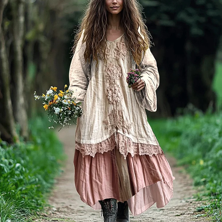Bohemian Lace Patchwork Flowy Linen Dress