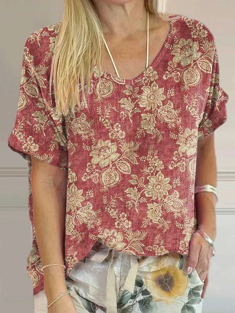 Women's Vintage Lovely Floral Art Print Casual Cotton And Linen Shirt