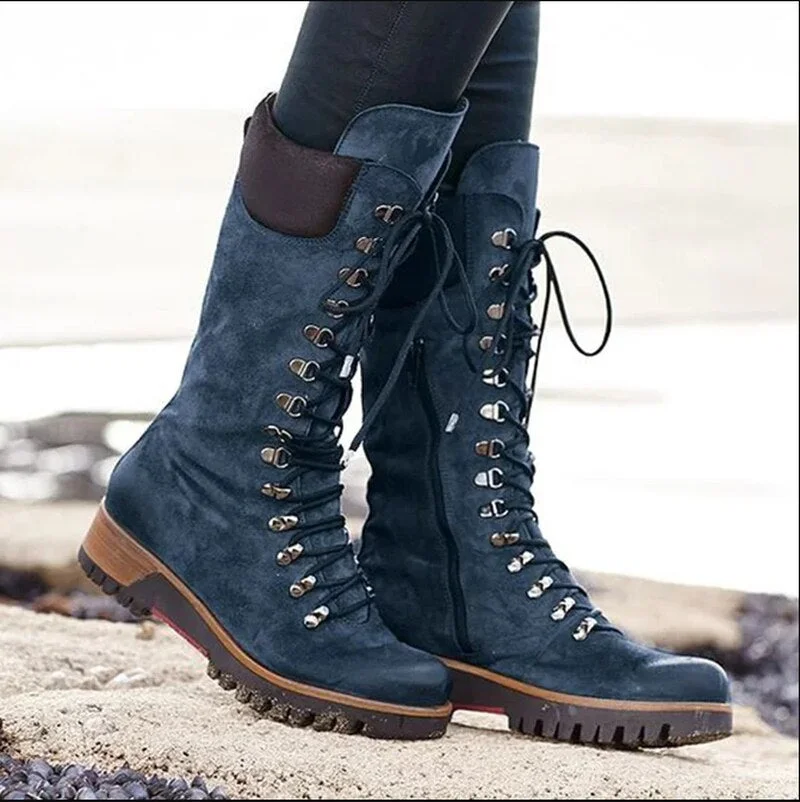 Winter Fashion Women's Mid-Calf Boots Round Toe Western Lace-Up Side Zipper Ladies Boots Comfortable Non-Slip Motorcycle Bootie