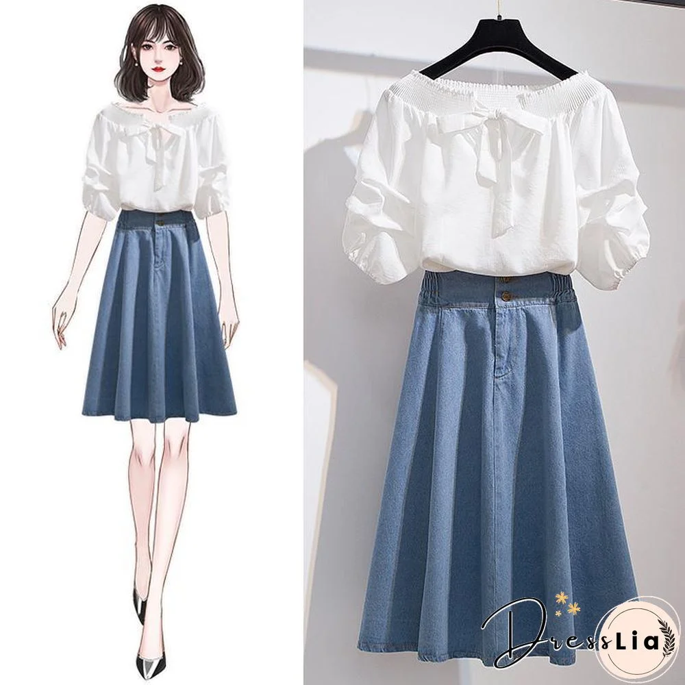 Cute Off Shoulder Blouse+Denim Skirt P11160