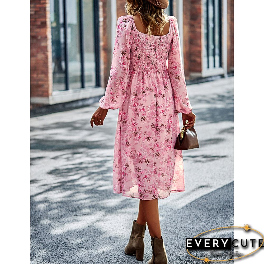 Pink Square Neck Back Pleated Chiffon Floral Dress