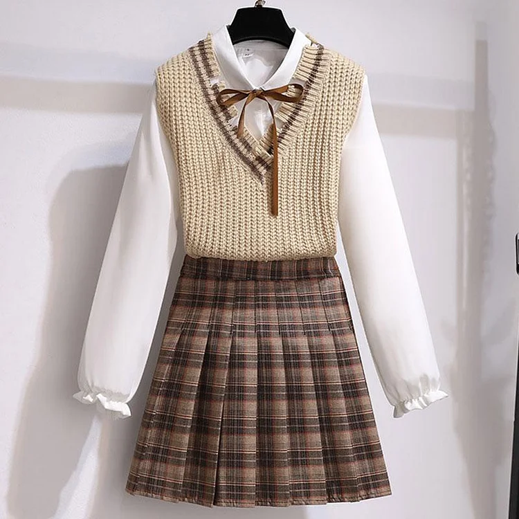 Korean Lace Up Shirt Pleated Skirt Waistcoat Three-Piece Set SP16712