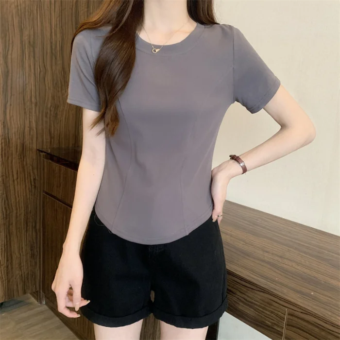 Brownm Brownm Summer New Slim Short-Sleeved T-Shirt Women's Design Sense Short Pure Desire Irregular Hem Curved Top