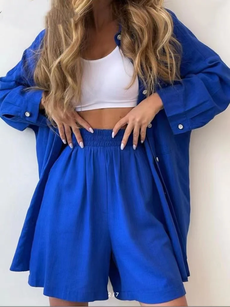Fashion Solid Color Long Sleeves Shirt Loose Shorts Suit