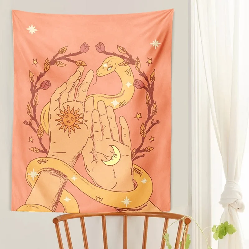 Tarot sun moonTapestry magic hand snake Wall Hanging Retro Sun Moon Snake Boho Decor Minimalist Print Divination Art Wall Decor