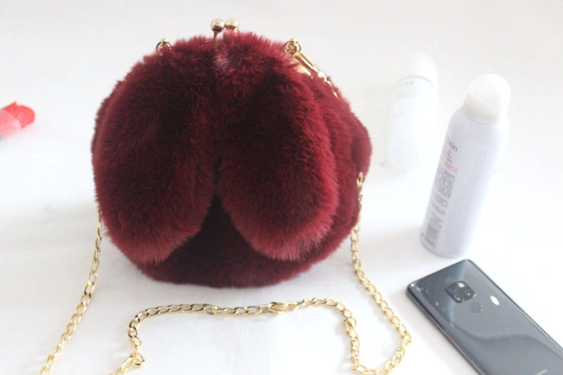 Women’s Plush Rabbit Solid Color Cute Round Lock Clasp Handbag Crossbody Bag