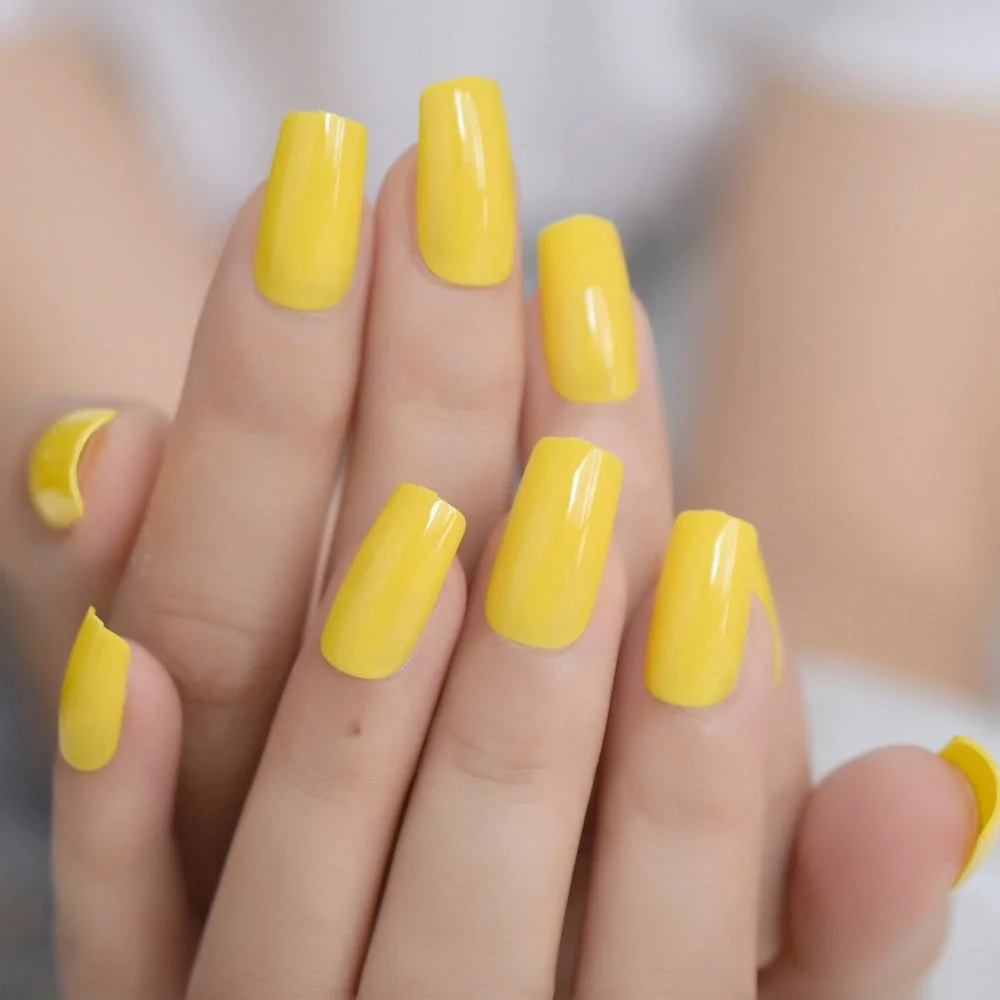 Neon Yellow Tip Short Petie Press On Nails Squoval Glossy Solid Fake Nails Square Head Color Tips for Daily Wear 24-Nail Inspo