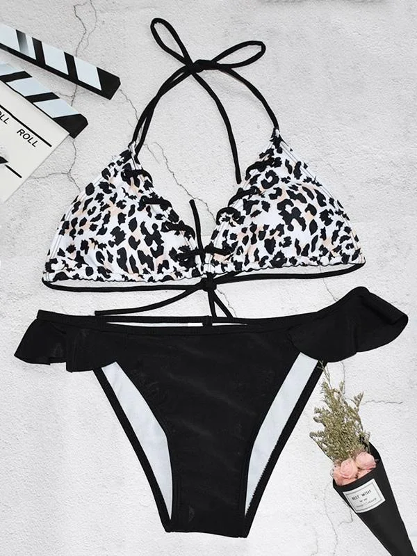 Leopard Print Falbala Triangles Bandage Split Bikini Swimsuit