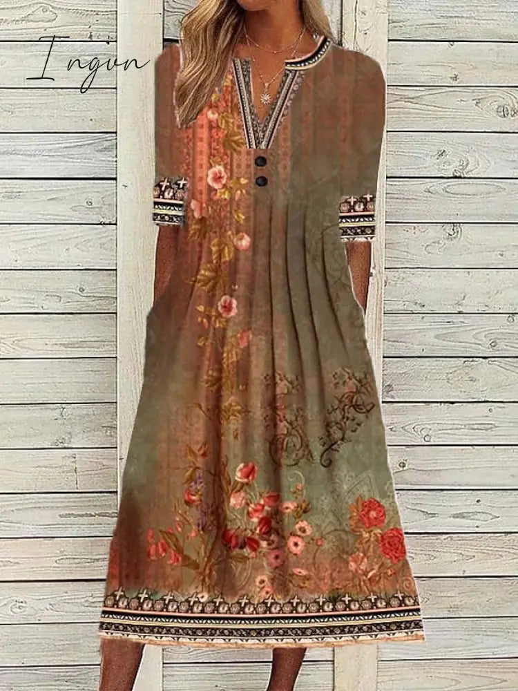Ingvn - Women’s Casual Dress Shift Midi Navy Blue Orange Half Sleeve Floral Ruched Summer Spring