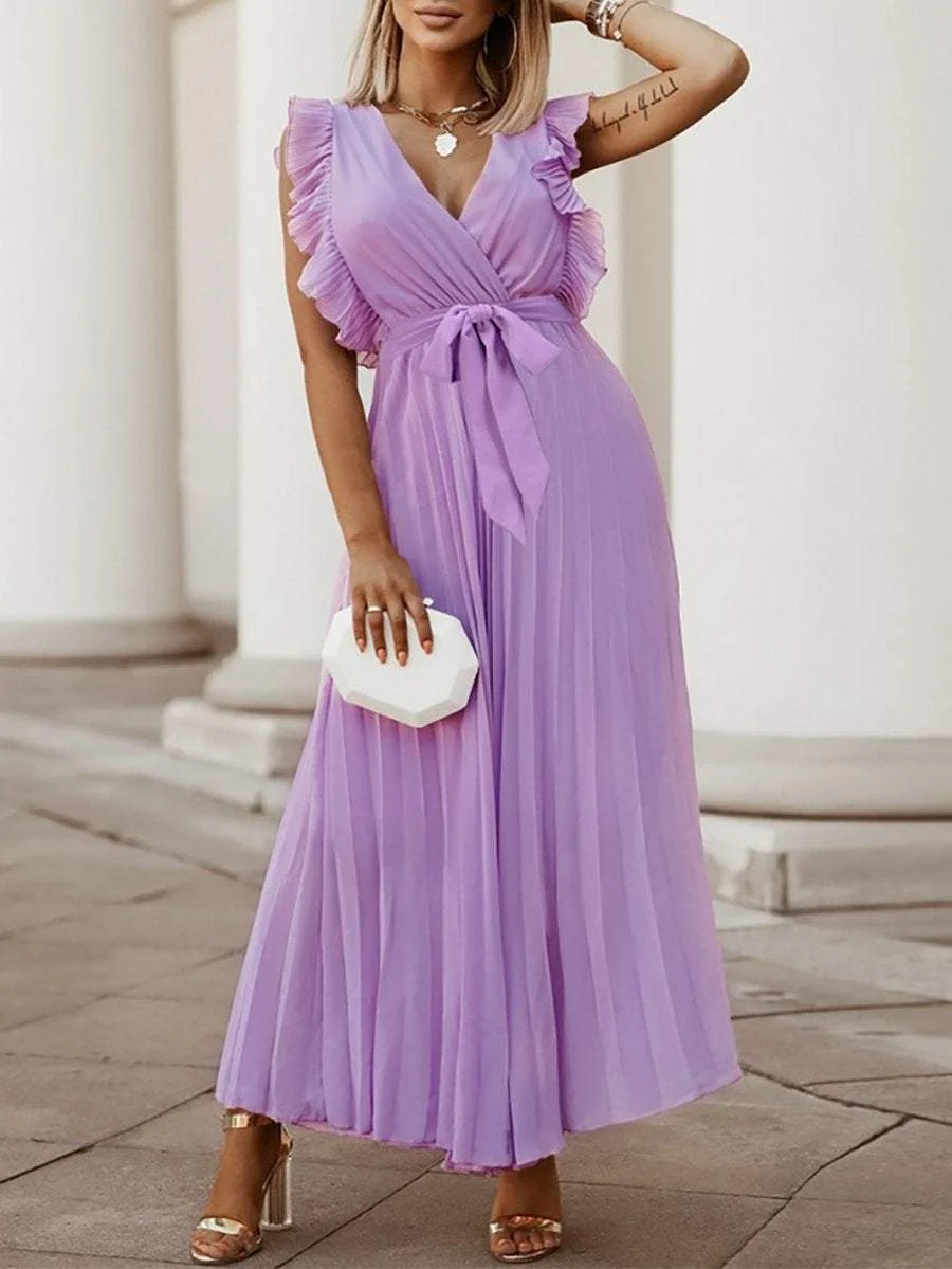Solid Color Ruffle Sleeve Chiffon Pleated Dress