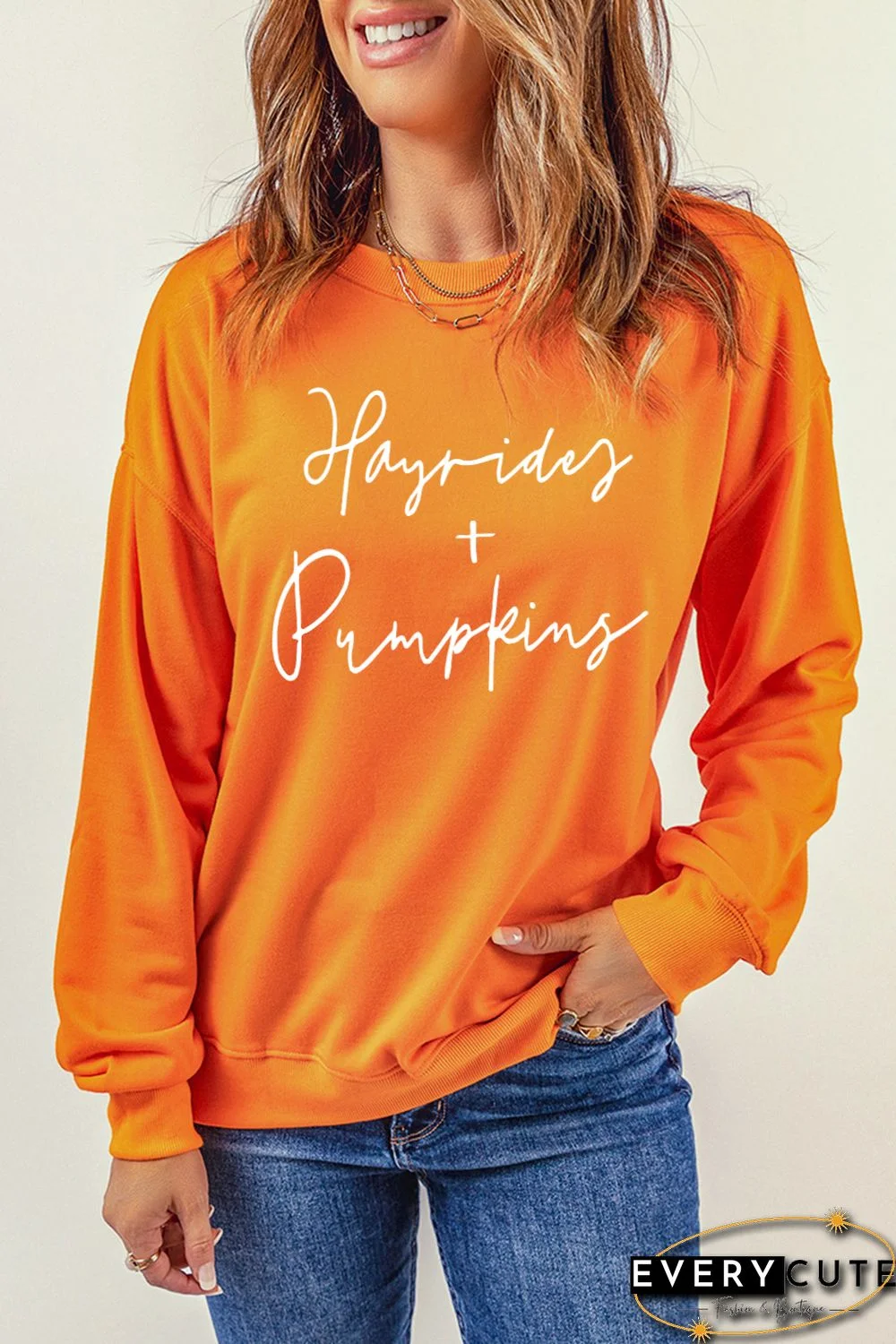 Orange Hayrides Pumpkin Long Sleeve Pullover Sweatshirt