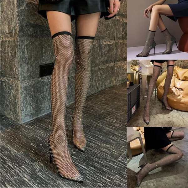 Womens Sexy Rhinestone Over Knee Long Boots Ladies Stiletto Point Toe Hollow Mesh Fishnet Socks Boots High-heeled - Life is Beautiful for You - SheChoic