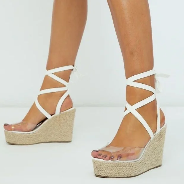 White Clear PVC Strappy Platform Wedge Sandals Vdcoo
