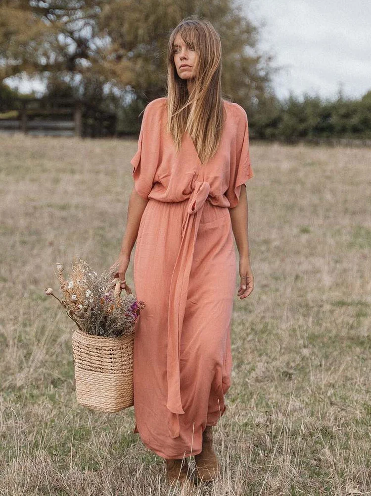 Boho Dress V-Neck Half Sleeves Oversized Sash Beach Dress