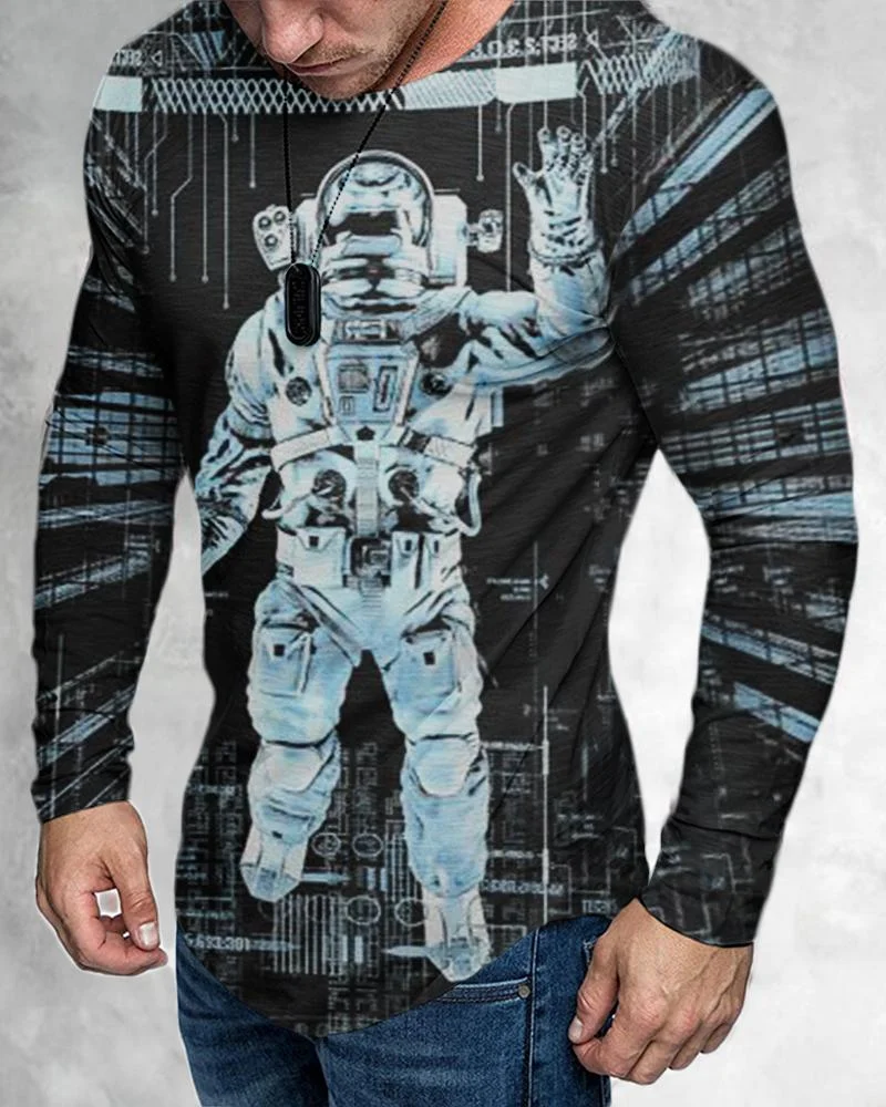 Men's Casual Long Sleeved Creative Astronauts Printing T-shirt