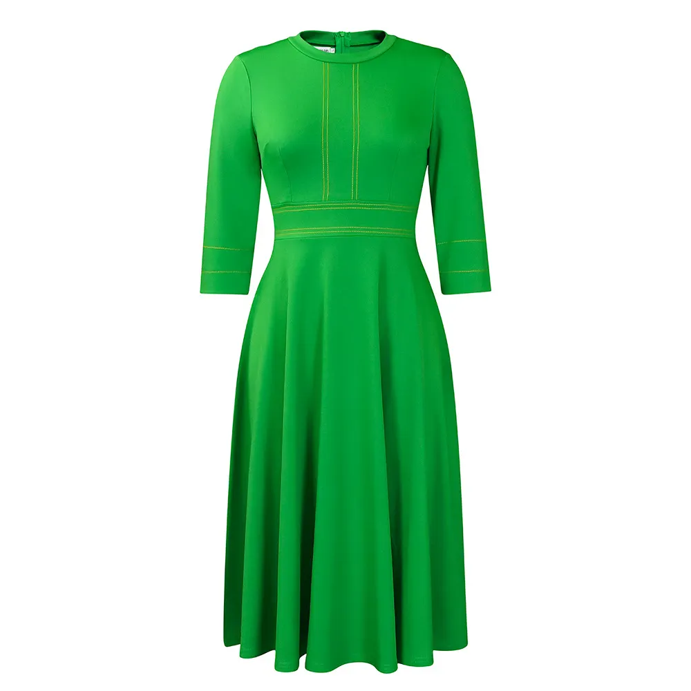 Plus Size  Midi Dress with Gold Trim, 3/4 Sleeve A-Line Formal Dress
