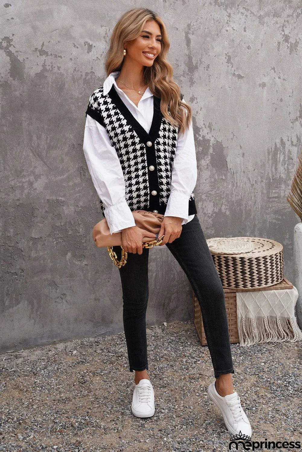 Black Houndstooth Knitted Vest