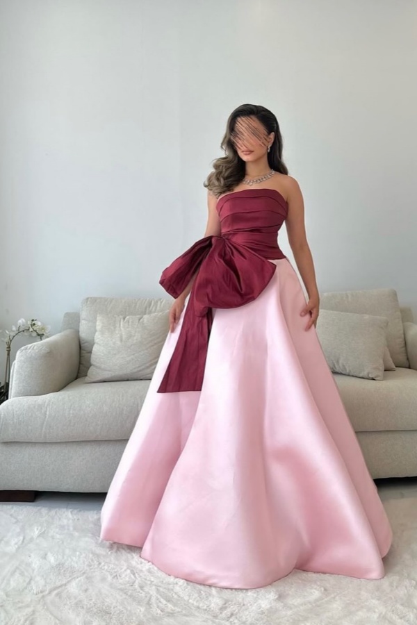 A-Line Burgundy Pink Stitching Strapless Bow Prom Dress