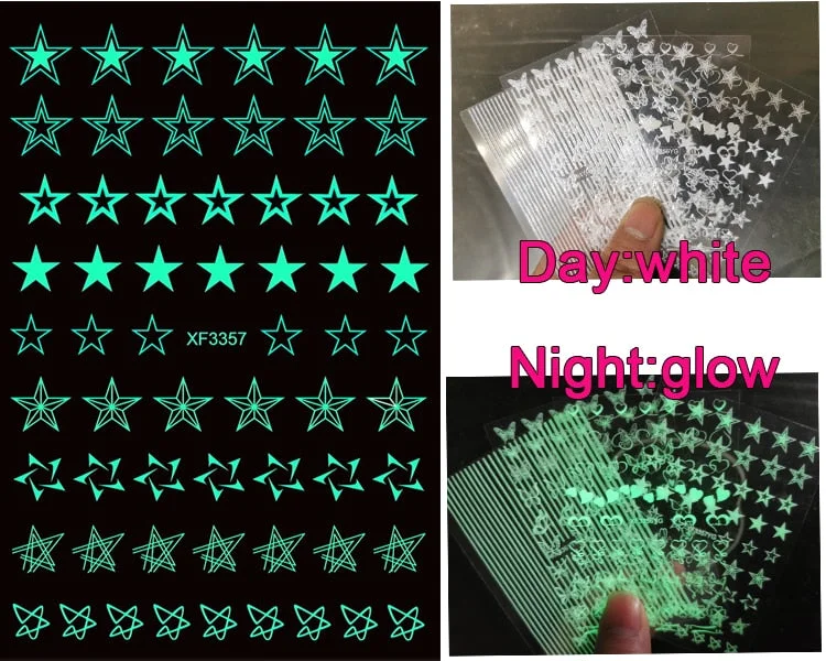 Luminous Fire Nail Art Stickers Glow In Dark Nail Decals Moon Butterfly Transfer Manicure Design Night Light Stickers-Nail Inspo