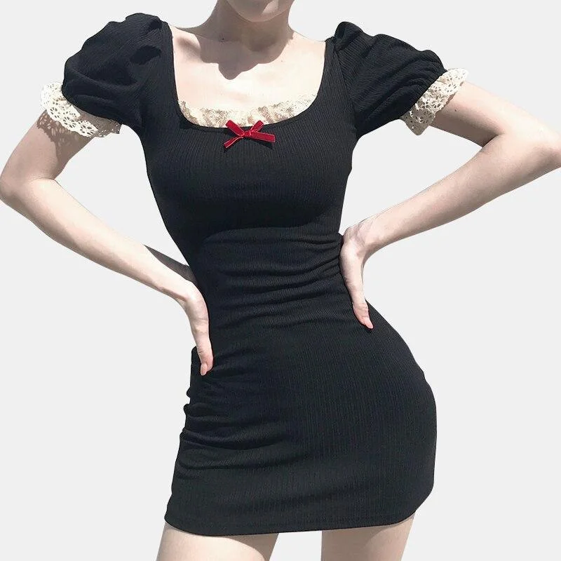 Puff Sleeves Dress With Lace Trim