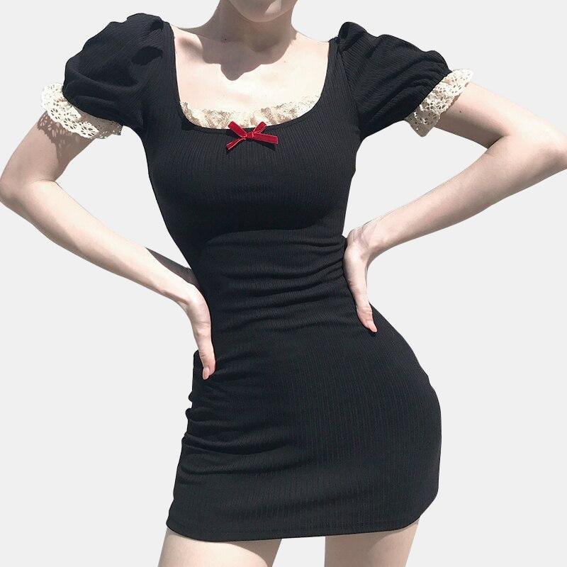 Puff Sleeves Dress With Lace Trim