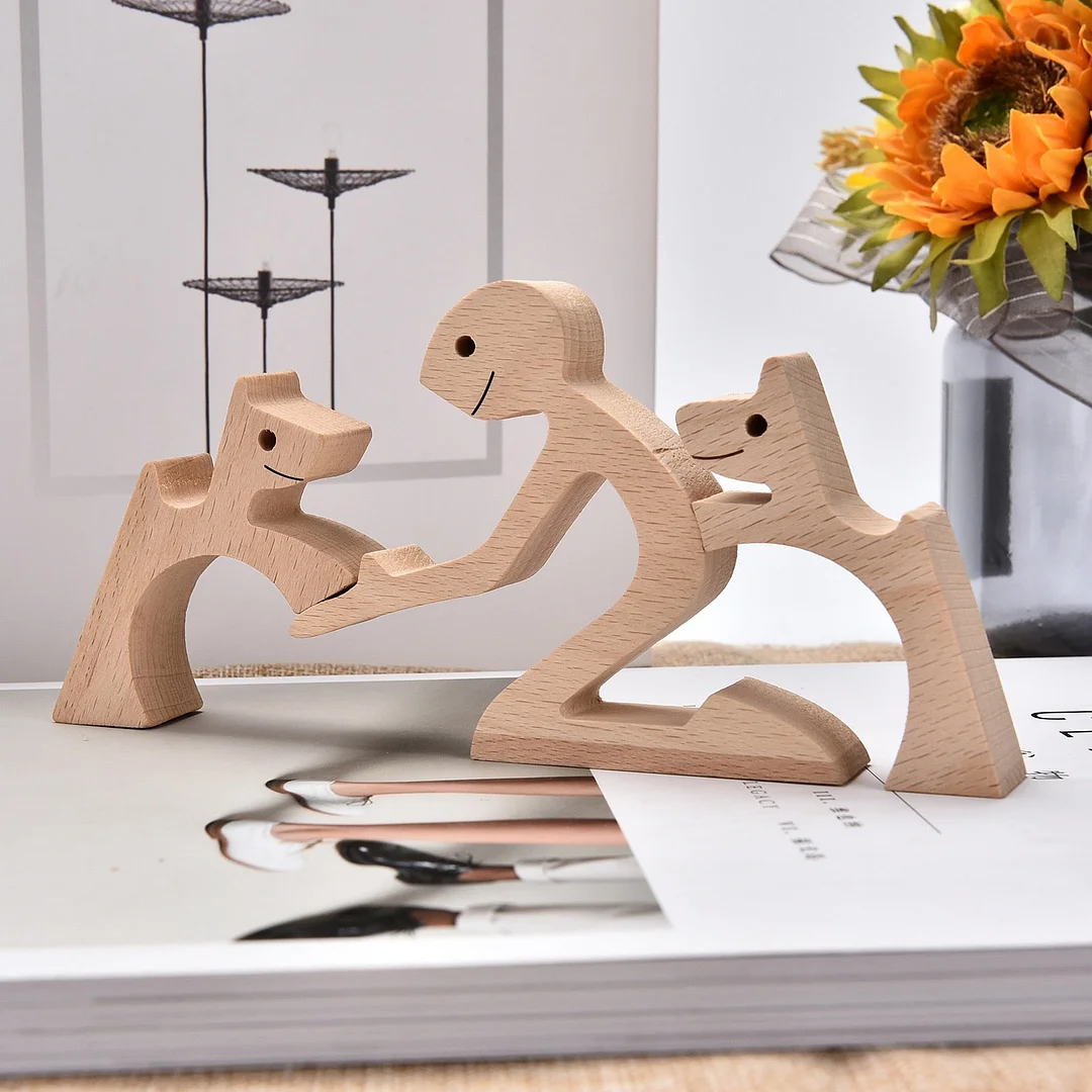 Handmade Wood Dog Decor Sculptures Craft Creative Figurine Ornement Decoration For Bedroom Home Office Decor Gift Natural