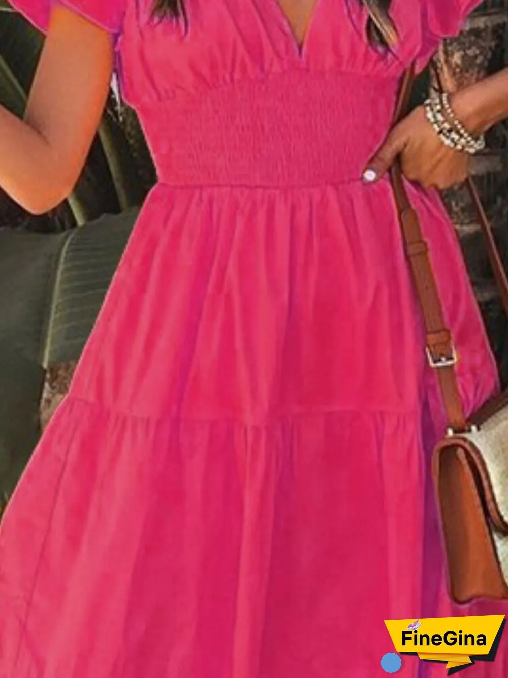 Summer New Fashion Short-sleeved Dress V-neck Petal-sleeved Large Mid-length Skirt Temperament Casual Party Women's Clothing