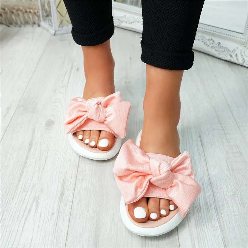 Women Sandals Slip On Sliders Peep Toe Ladies Bow Flats Casual Comfort Shoes Female 2019 Sandals Shoes Plus Size