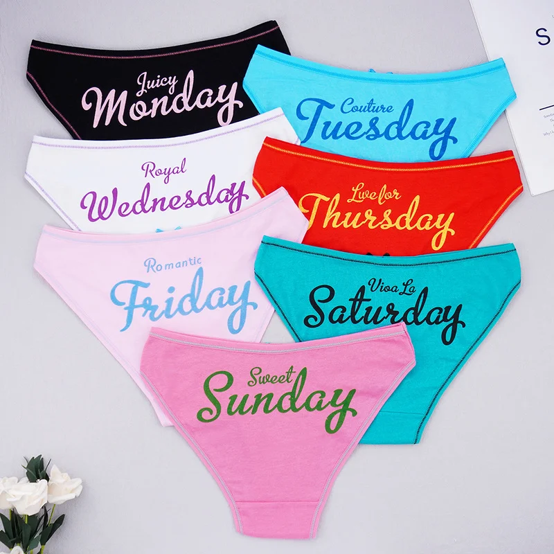 Billionm Women's Letter Panties Cotton Cute Briefs Monday-Sunday Ladies Mid-rise Underwear S-XL Breathable Intimate Panties