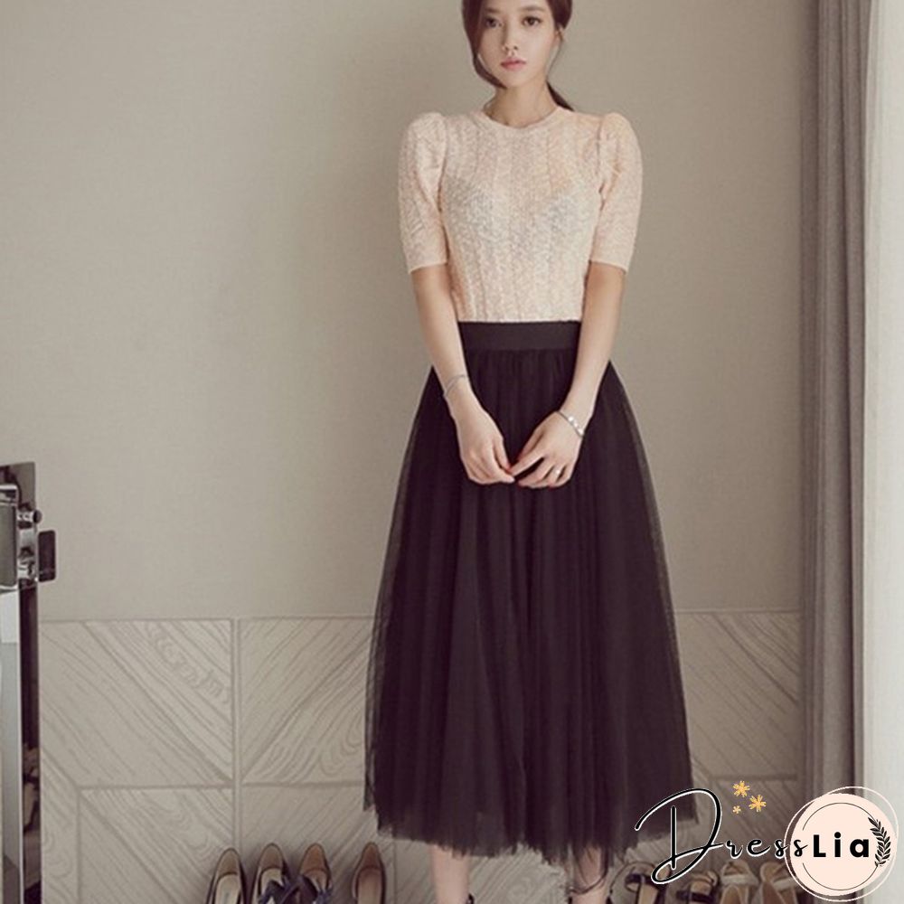 Three-Layer Fashion Tulle Skirts Women Summer Elastic High Waist Long Mesh Skirt Maxi Pleated Skirt