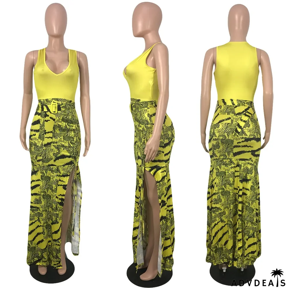 Women Summer Sleeveless V-Neck Print Pleated Dress