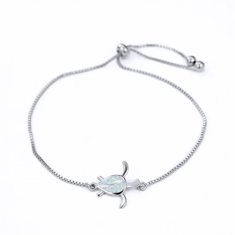Cute Female Small Turtle Bracelet White Blue Opal Stone Animal Bracelet Vintage Gold Silver Color Chain Necklaces For Women