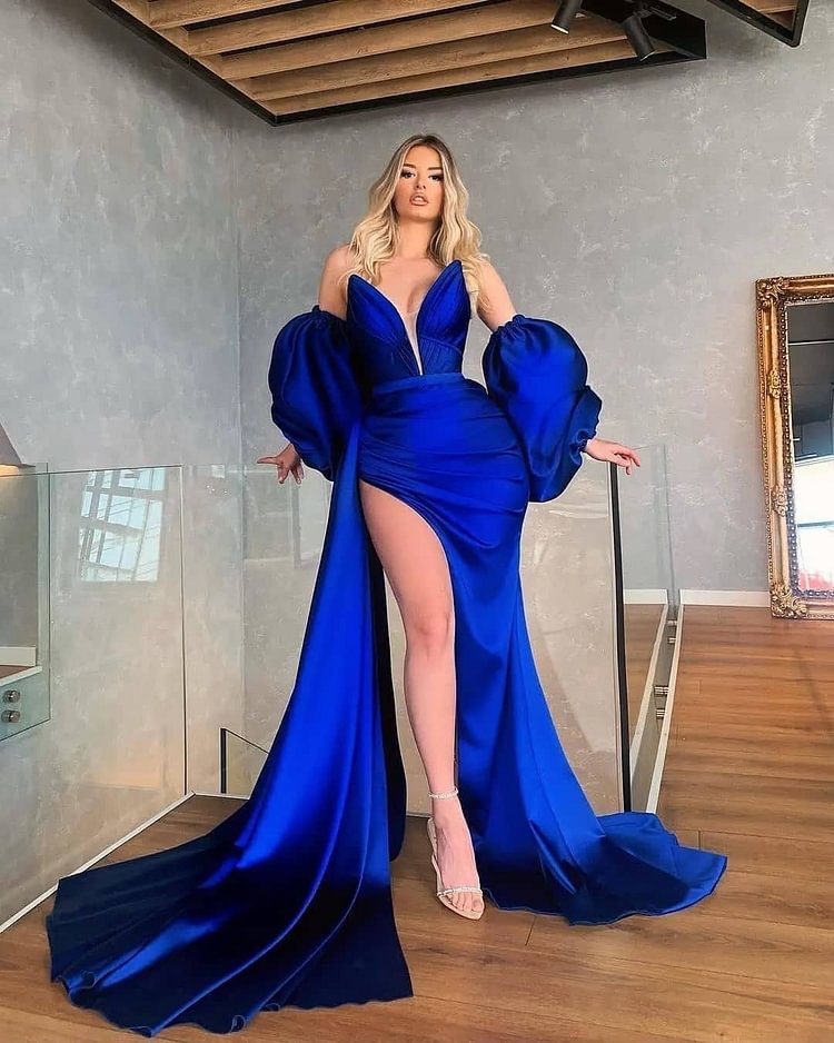 Hellodresses Royal Blue High Split Sweetheart Stain Puff Sleeves Prom Dress