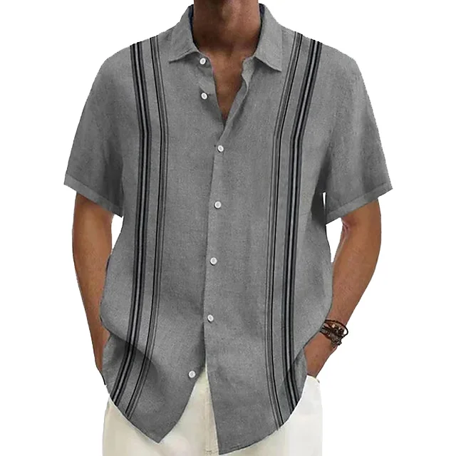 Men's Linen Stripe Print Casual Beach Lapel Short Sleeve Shirt socialshop
