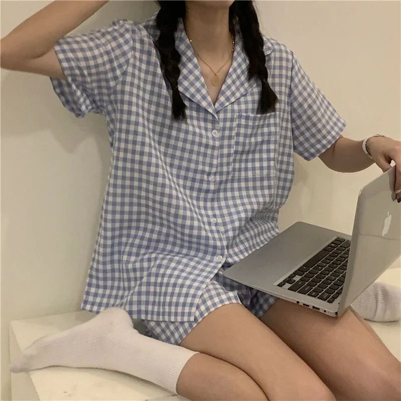 Pajama Set: Short-Sleeve Plaid Shirt + Shorts YP2906