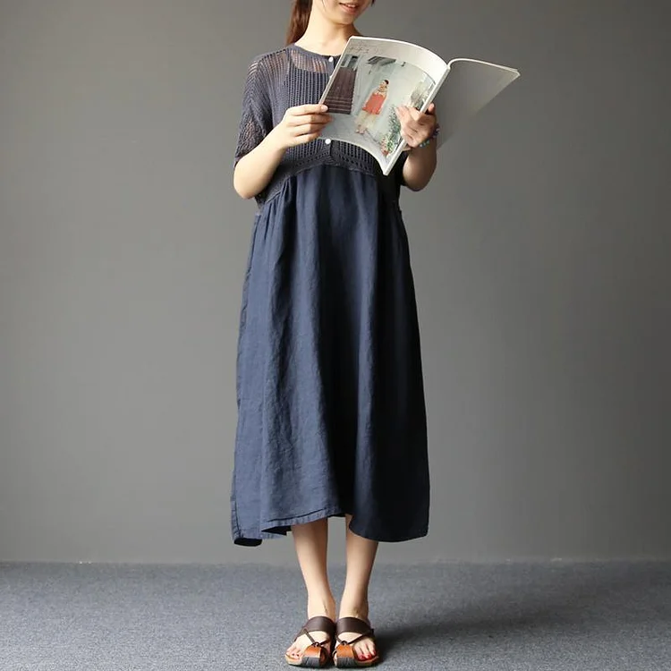 Navy plus size tunic knit patchwork linen dresses spring dress two dresses included