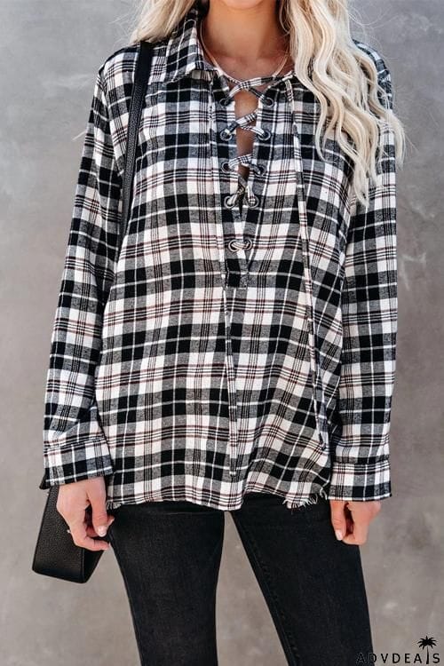 Plaid Lace Up Neck Blouse