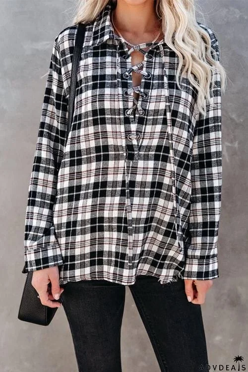 Plaid Lace Up Neck Blouse