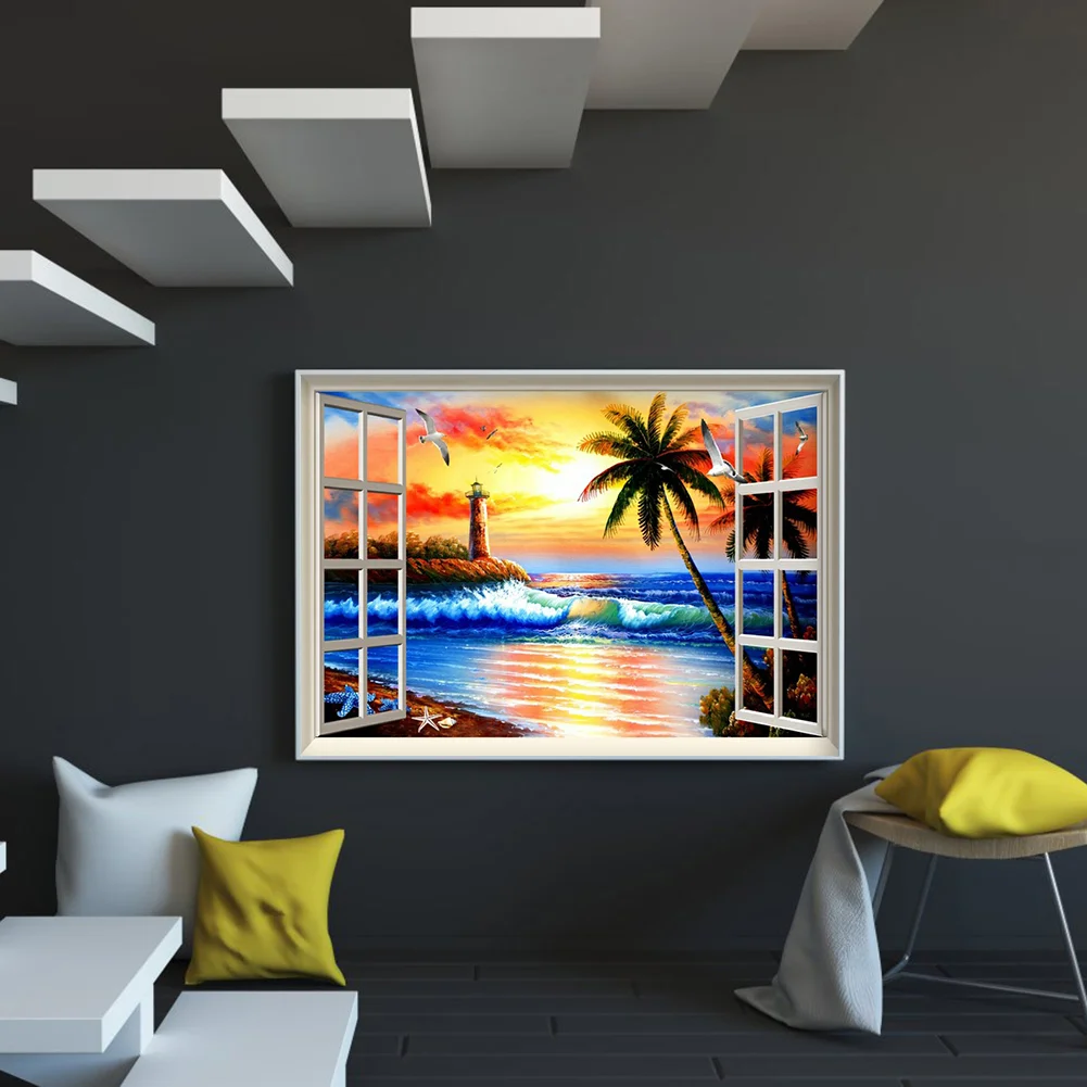 Diamond Painting - Full Round Drill - Sunset Window Beach(40*30cm)