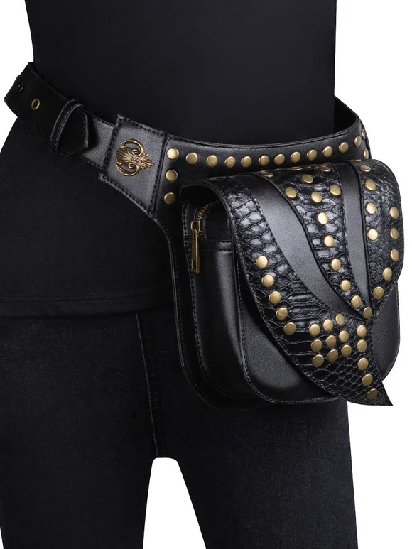 Steampunk Lolita Handbag Black PU Leather Rivets Waist Pack Gothic Lolita Accessories Novameme