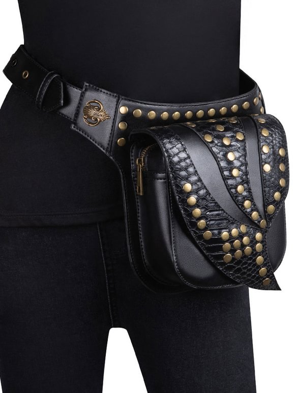 Steampunk Lolita Handbag Black PU Leather Rivets Waist Pack Gothic Lolita Accessories Novameme
