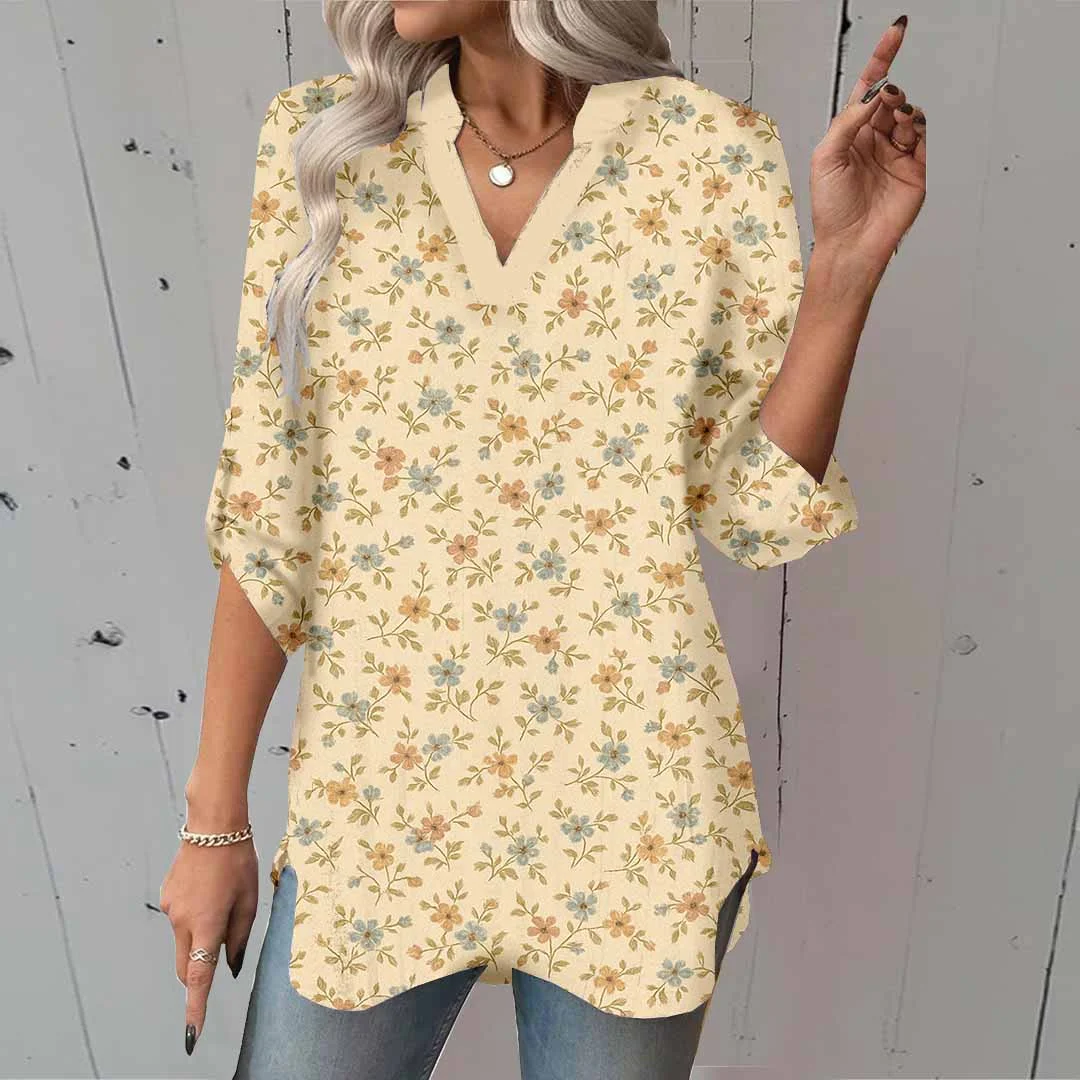 Women Floral,Beige DZGA0016 3/4 Sleeve V-neck Printed Graphic Button Tops