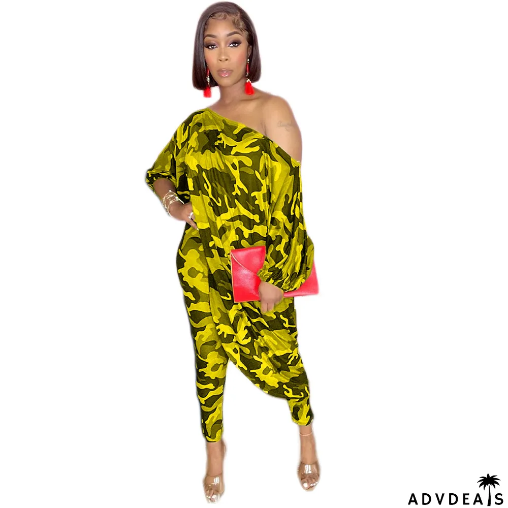 Women's Fashion Casual Loose Plus Size Slash Shoulder Pant Two Piece