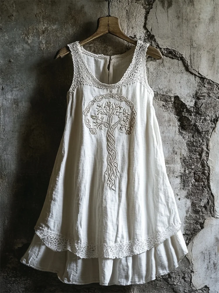 Boho Celtic Tree Of Life Lace Patchwork Layered Linen Dress