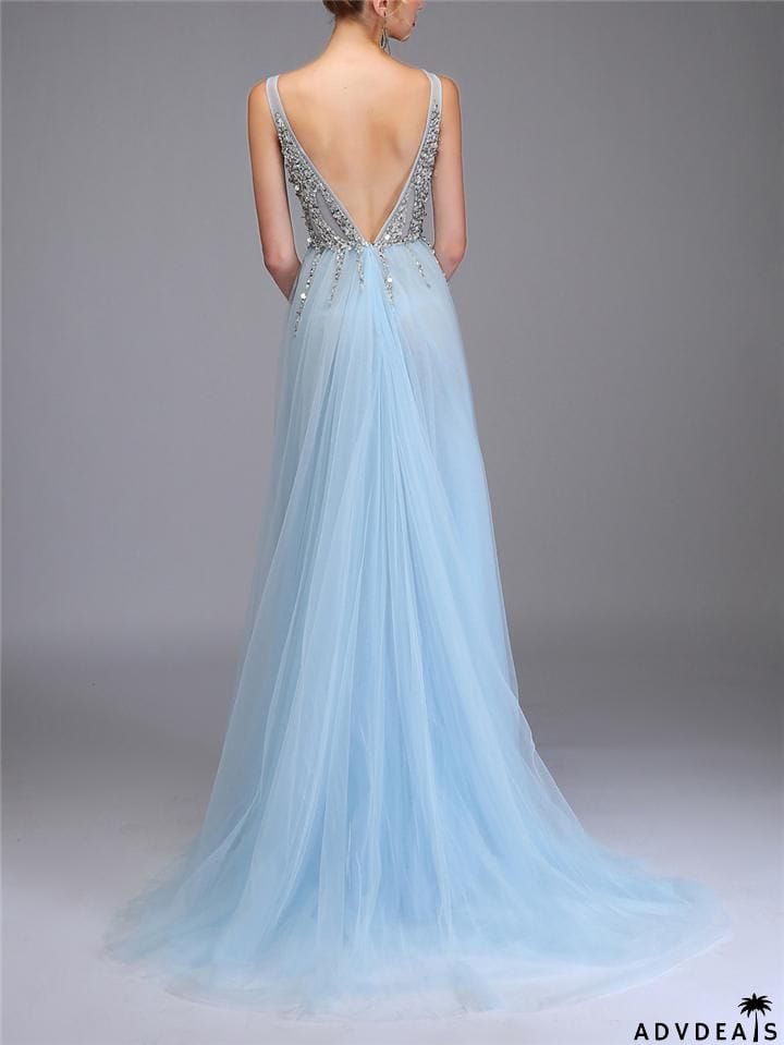 Sequined Beaded Backless Tulle Trendy Prom Dresses